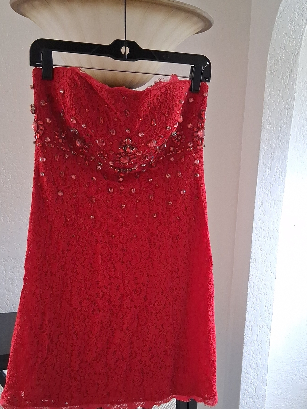 Adrianna Papell Red Strapless Lace Cocktail Dress with Beaded Detail